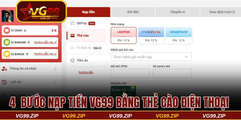 4 bước nạp tiền VG99 bằng thẻ cào điện thoại 