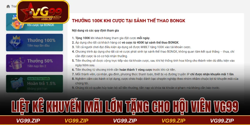 Liệt kê các khuyến mãi lớn tặng cho hội viên VG99